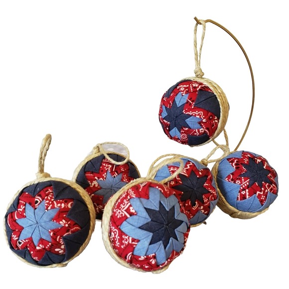 Handmade Other - Quilted Fold Christmas Ornaments Fabric Red Blue Americana Western Hand Made